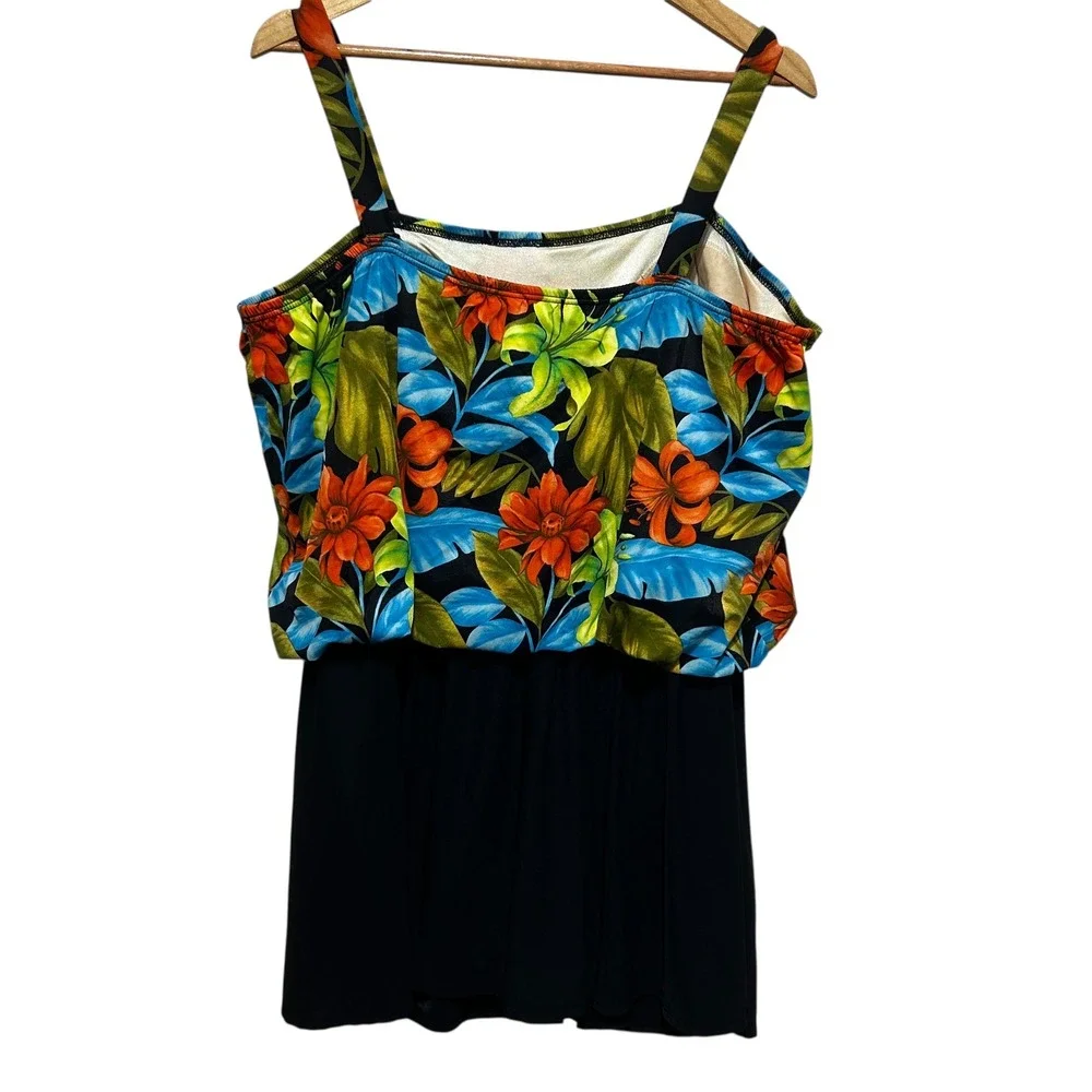VTG It Figures Womens Floral Swimdress 22W Tropical One Piece Black Skirt Resort